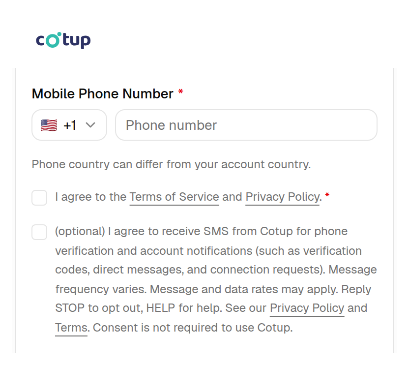 Cotup signup SMS opt-in: Cotup branding, mobile phone number field, and an unchecked SMS consent checkbox with full disclosure including STOP, HELP, message and data rates, and that message frequency varies.